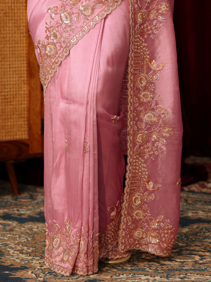 Libas Art Cerise Pink Floral Embellished Tissue Saree