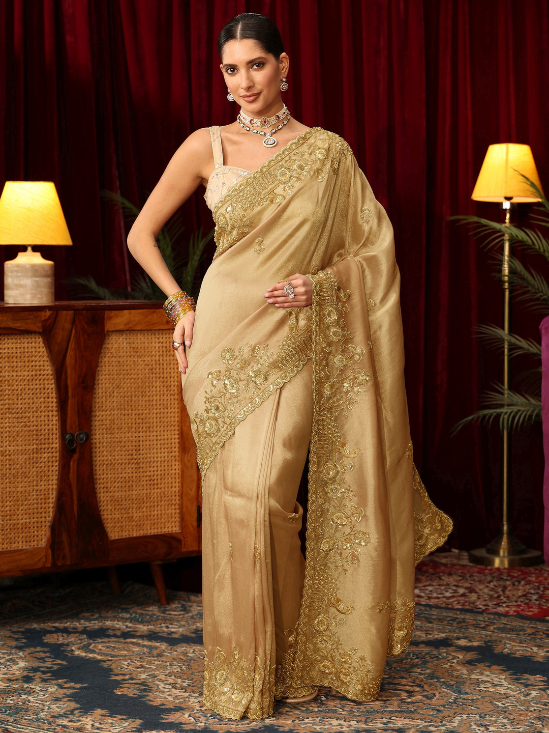 Libas Art Golden Floral Embellished Tissue Saree