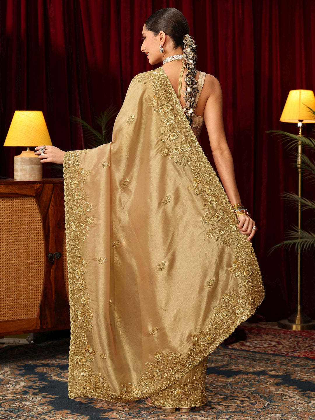 Libas Art Golden Floral Embellished Tissue Saree