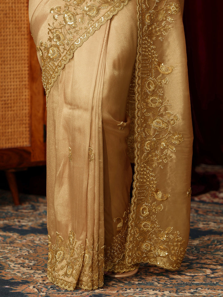 Libas Art Golden Floral Embellished Tissue Saree