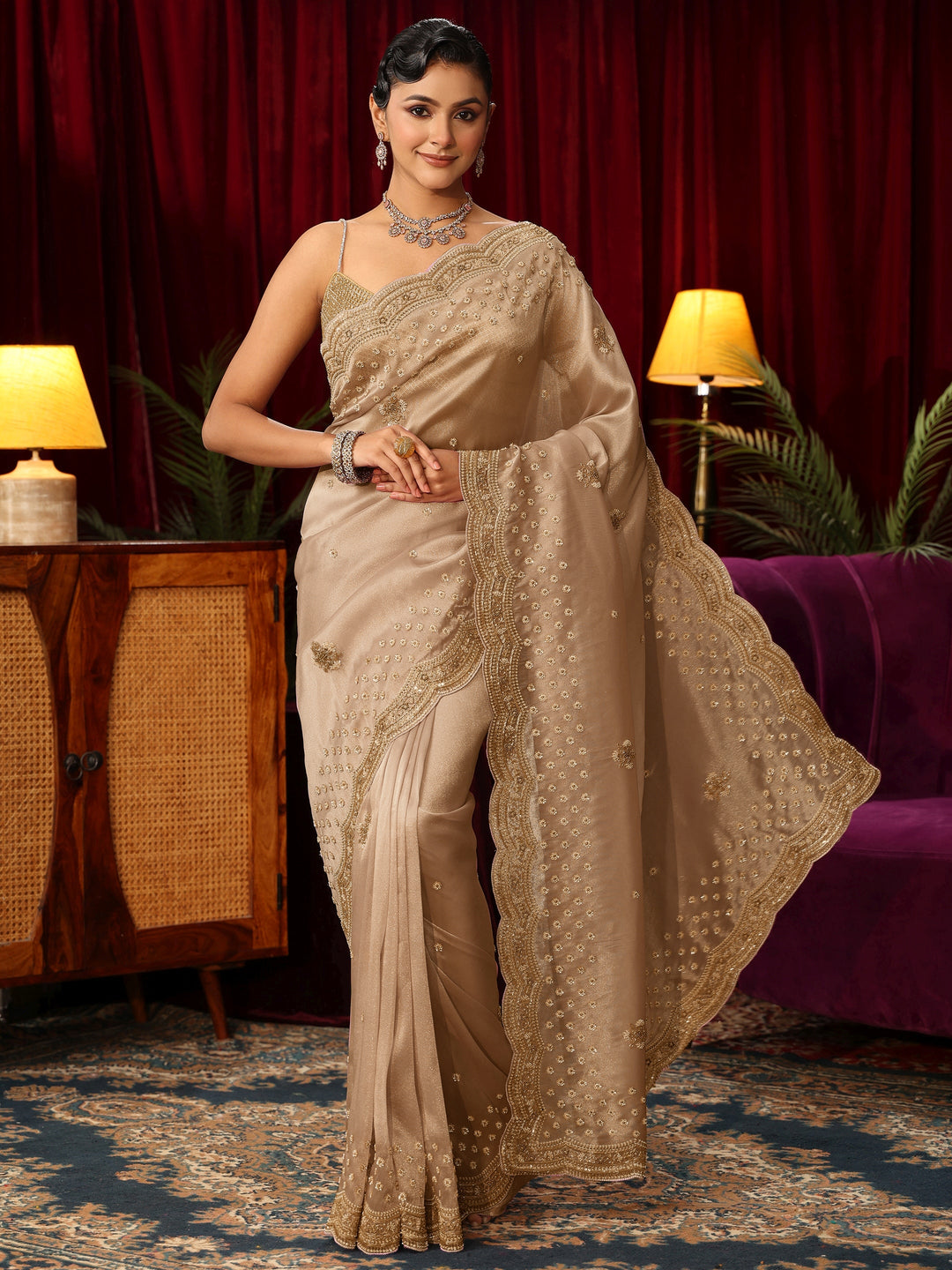 Libas Art Gold Floral Embellished Silk Blend Saree