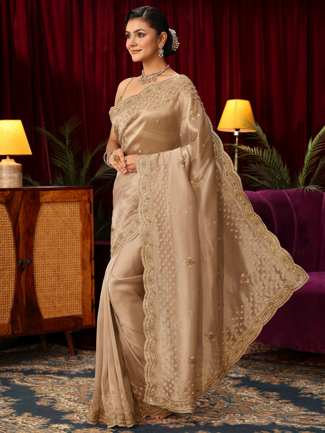 Libas Art Gold Floral Embellished Silk Blend Saree