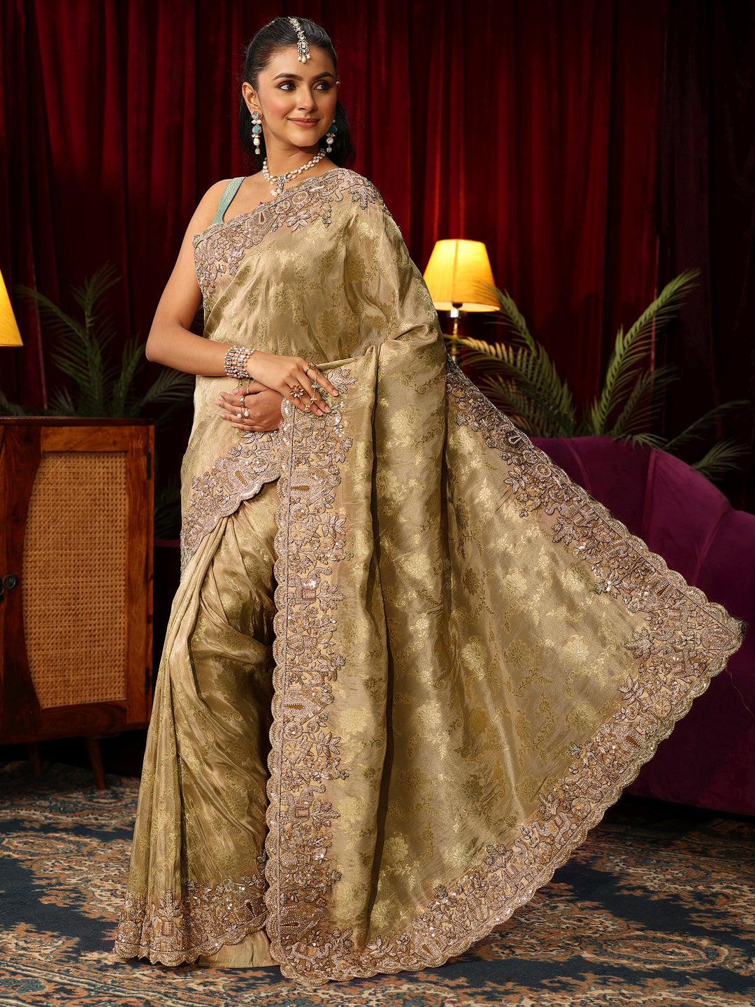 Libas Art Green Floral Woven Design Silk Blend Saree