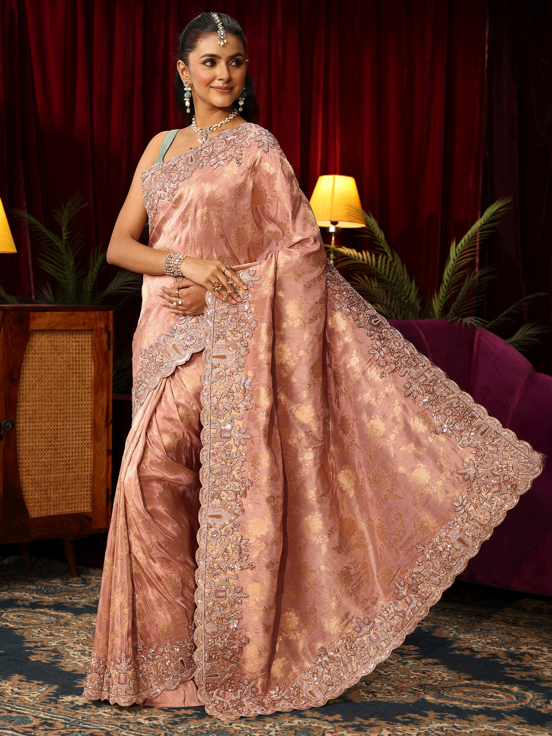 Libas Art Pink Floral Woven Design Tissue Saree