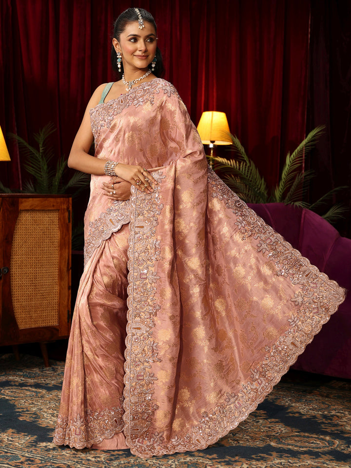Libas Art Pink Floral Woven Design Tissue Saree