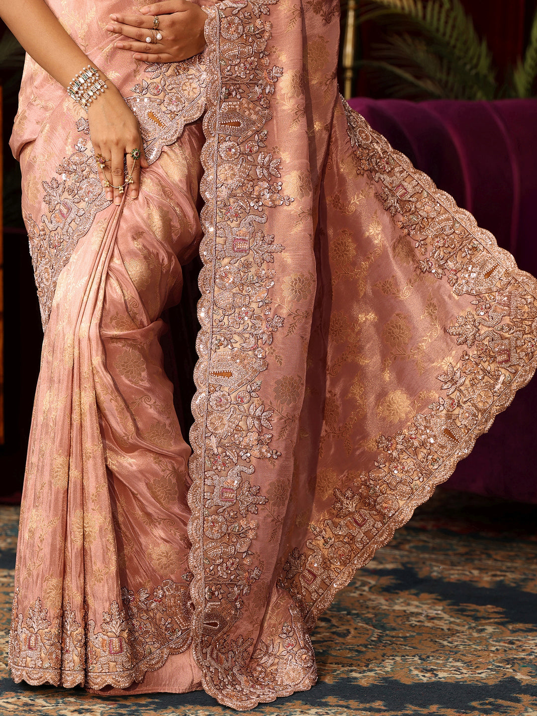 Libas Art Pink Floral Woven Design Tissue Saree