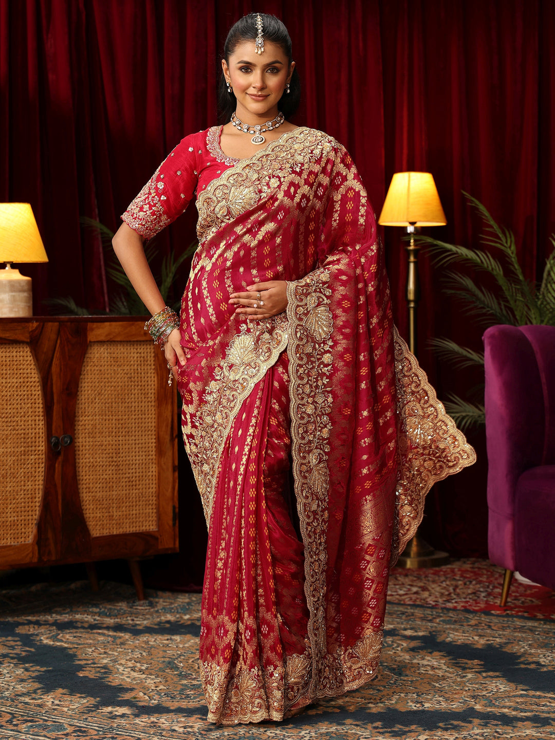 Libas Art Vermillion Red Woven Design Silk Blend Saree with Embellished Border