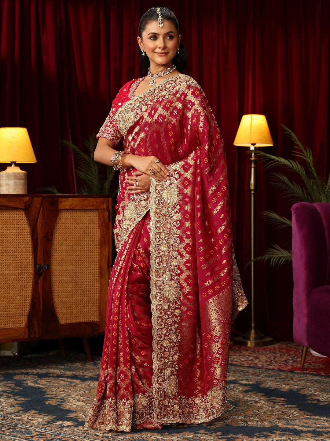 Libas Art Vermillion Red Woven Design Silk Blend Saree with Embellished Border