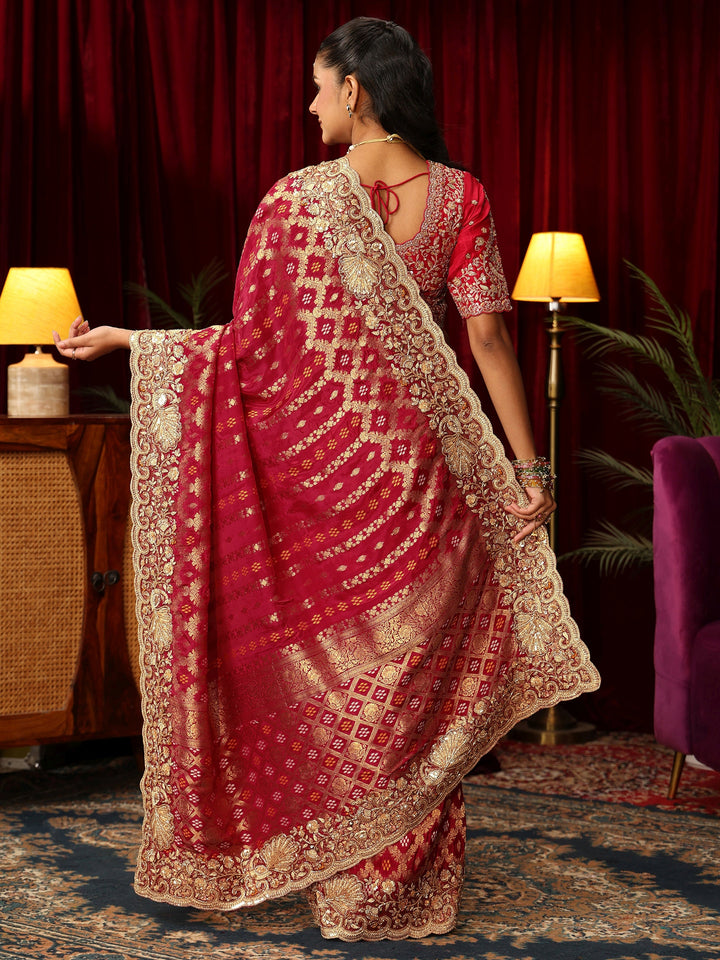 Libas Art Vermillion Red Woven Design Silk Blend Saree with Embellished Border