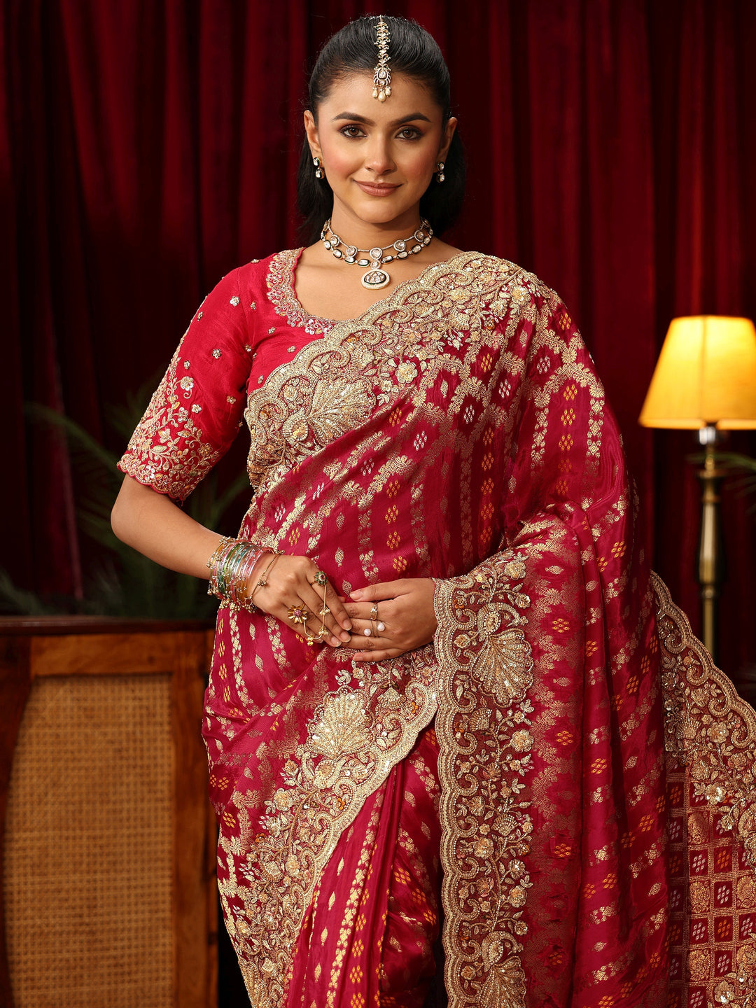 Libas Art Vermillion Red Woven Design Silk Blend Saree with Embellished Border