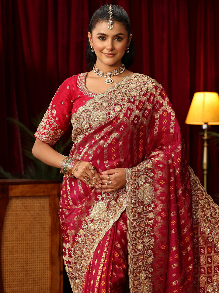 Libas Art Vermillion Red Woven Design Silk Blend Saree with Embellished Border