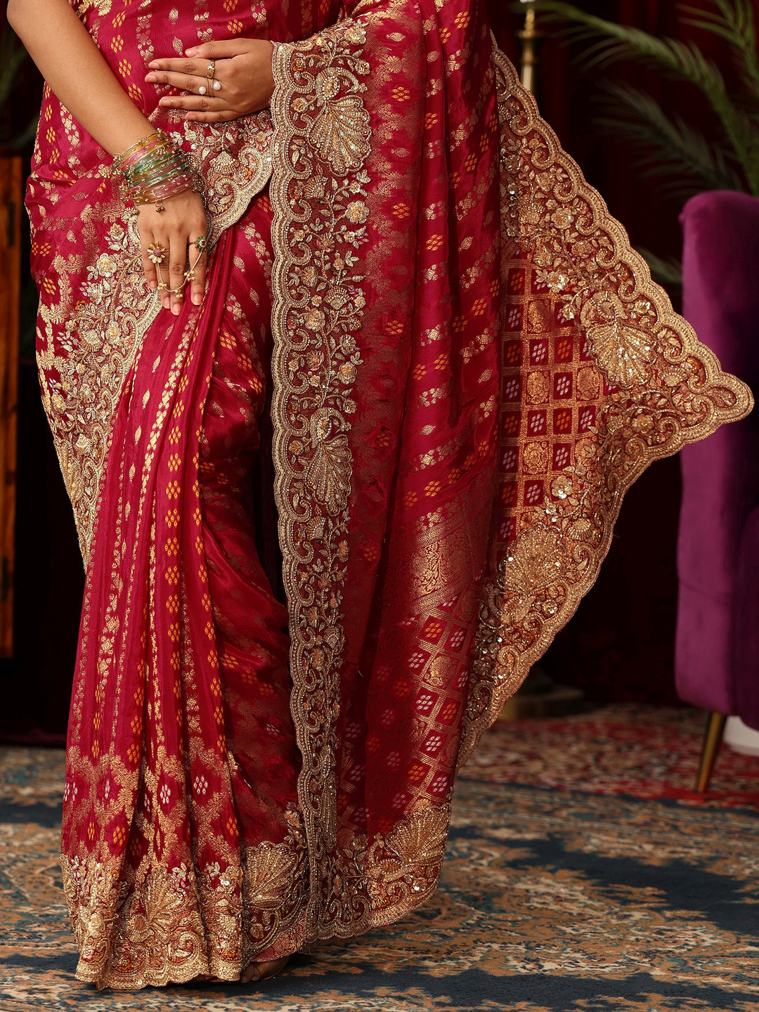 Libas Art Vermillion Red Woven Design Silk Blend Saree with Embellished Border