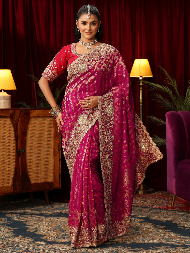 Libas Art Pink Woven Design Silk Blend Saree with Embellished Border