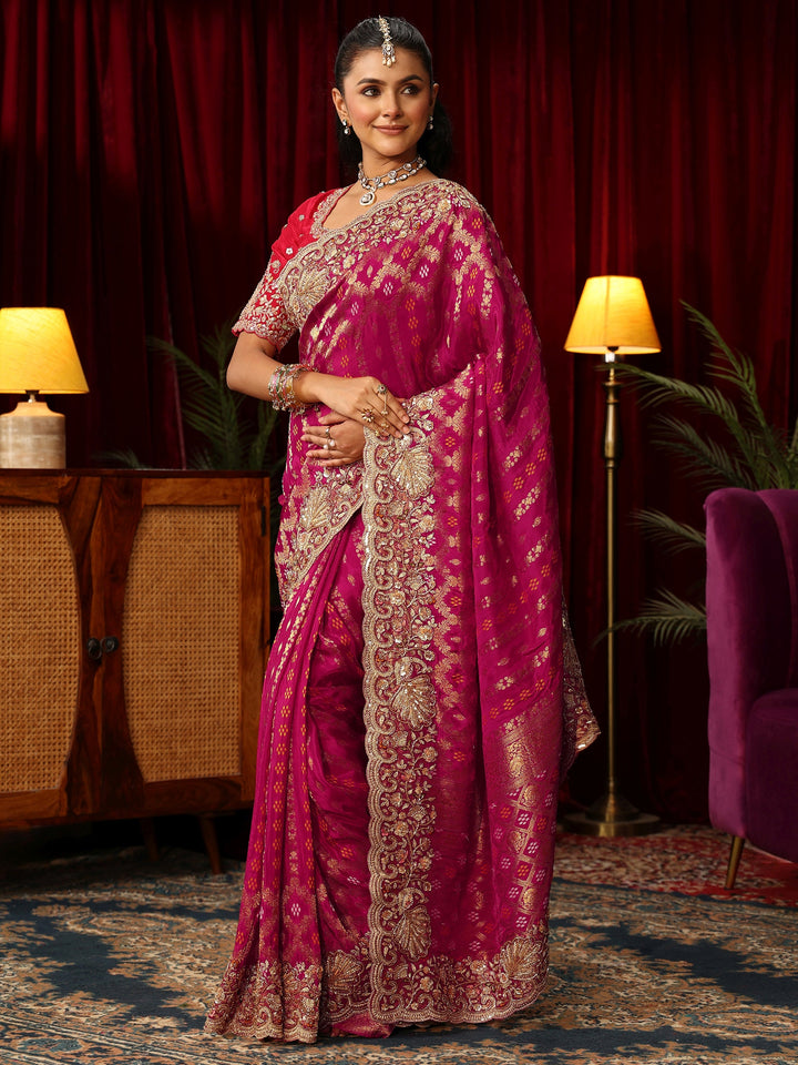 Libas Art Pink Woven Design Silk Blend Saree with Embellished Border
