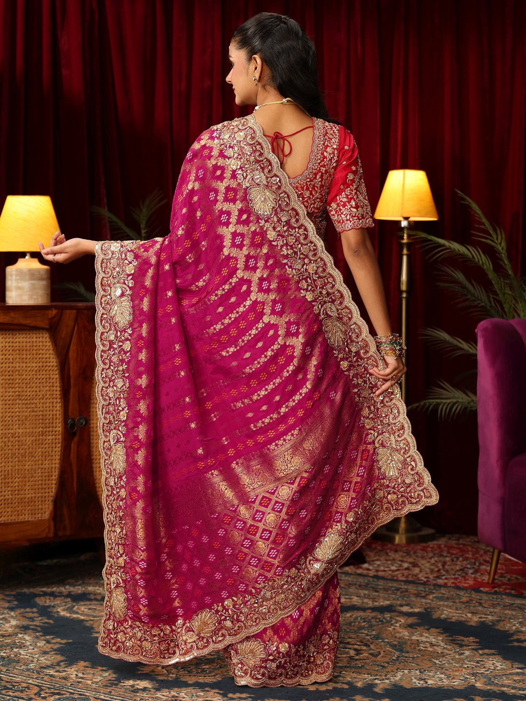Libas Art Pink Woven Design Silk Blend Saree with Embellished Border