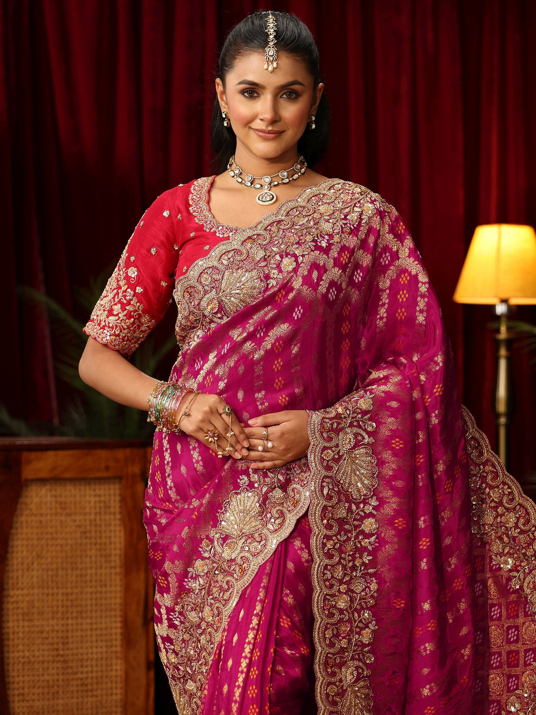 Libas Art Pink Woven Design Silk Blend Saree with Embellished Border