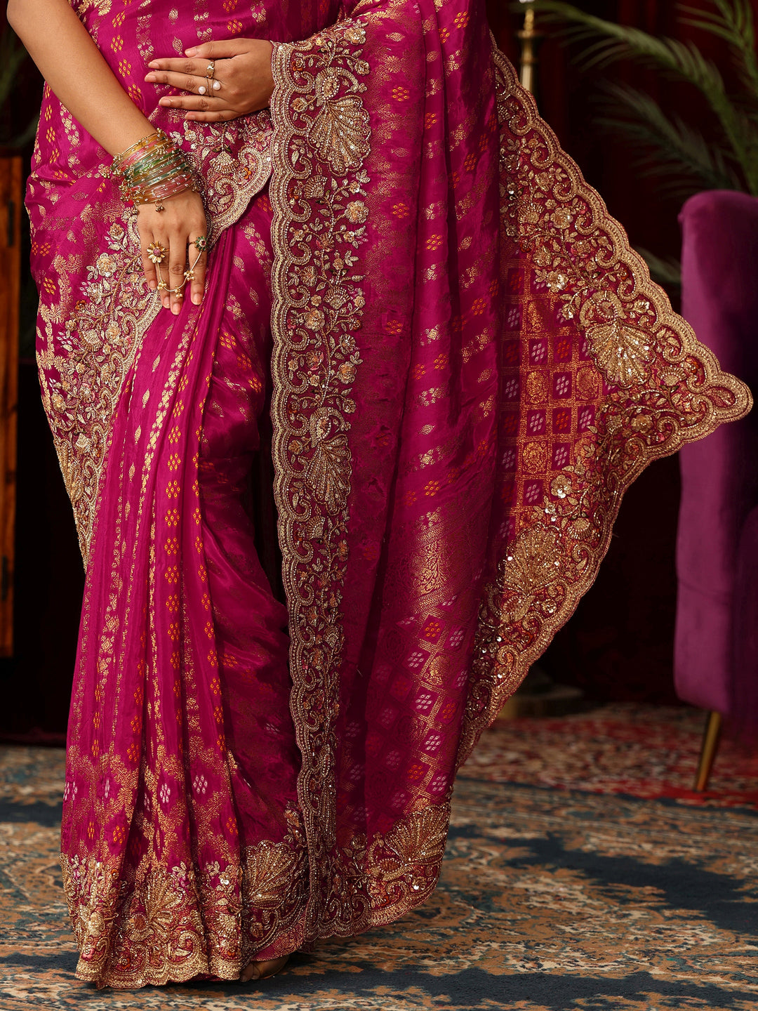 Libas Art Pink Woven Design Silk Blend Saree with Embellished Border