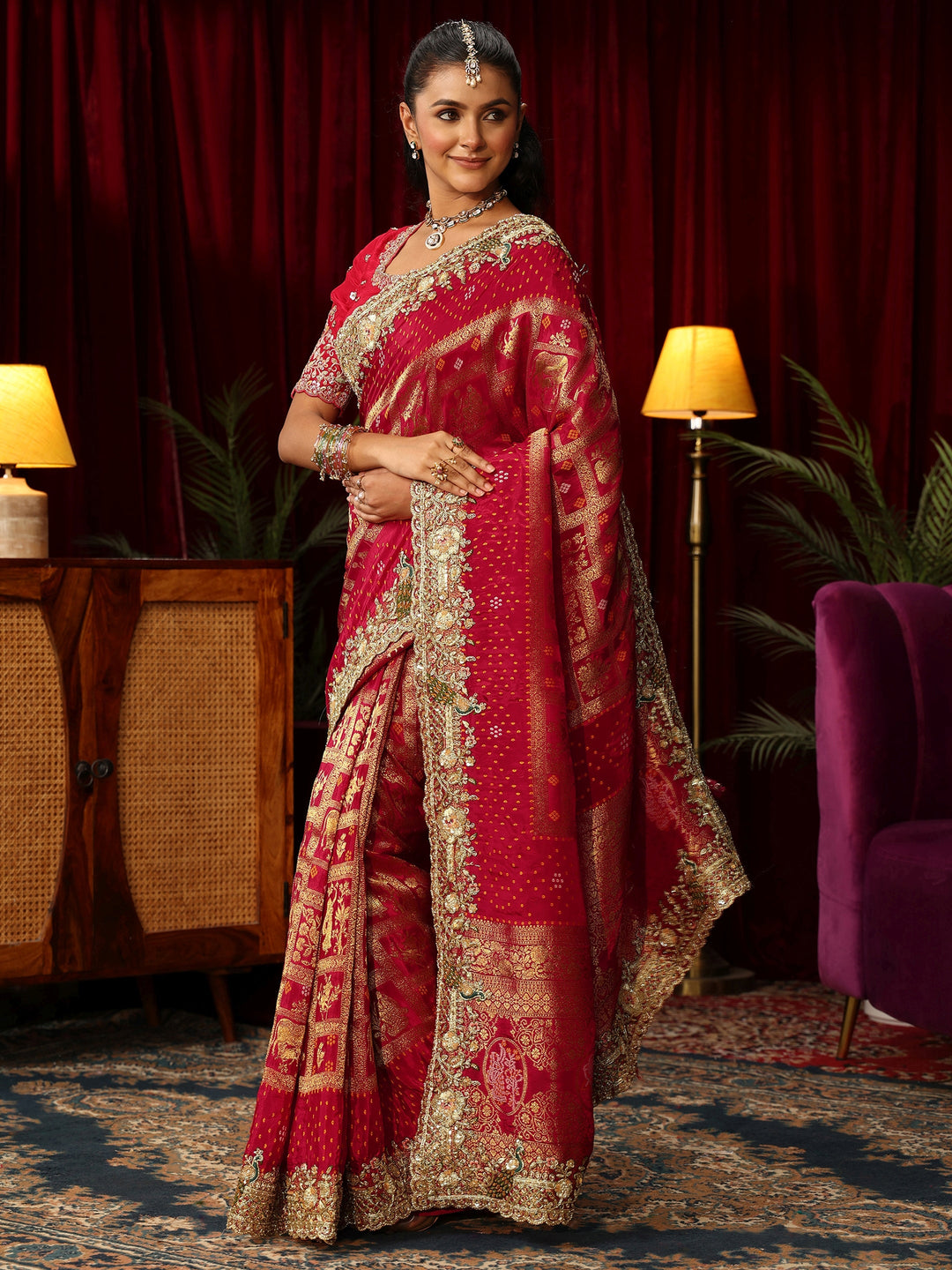 Libas Art Red Gharchola Woven Design Silk Blend Saree