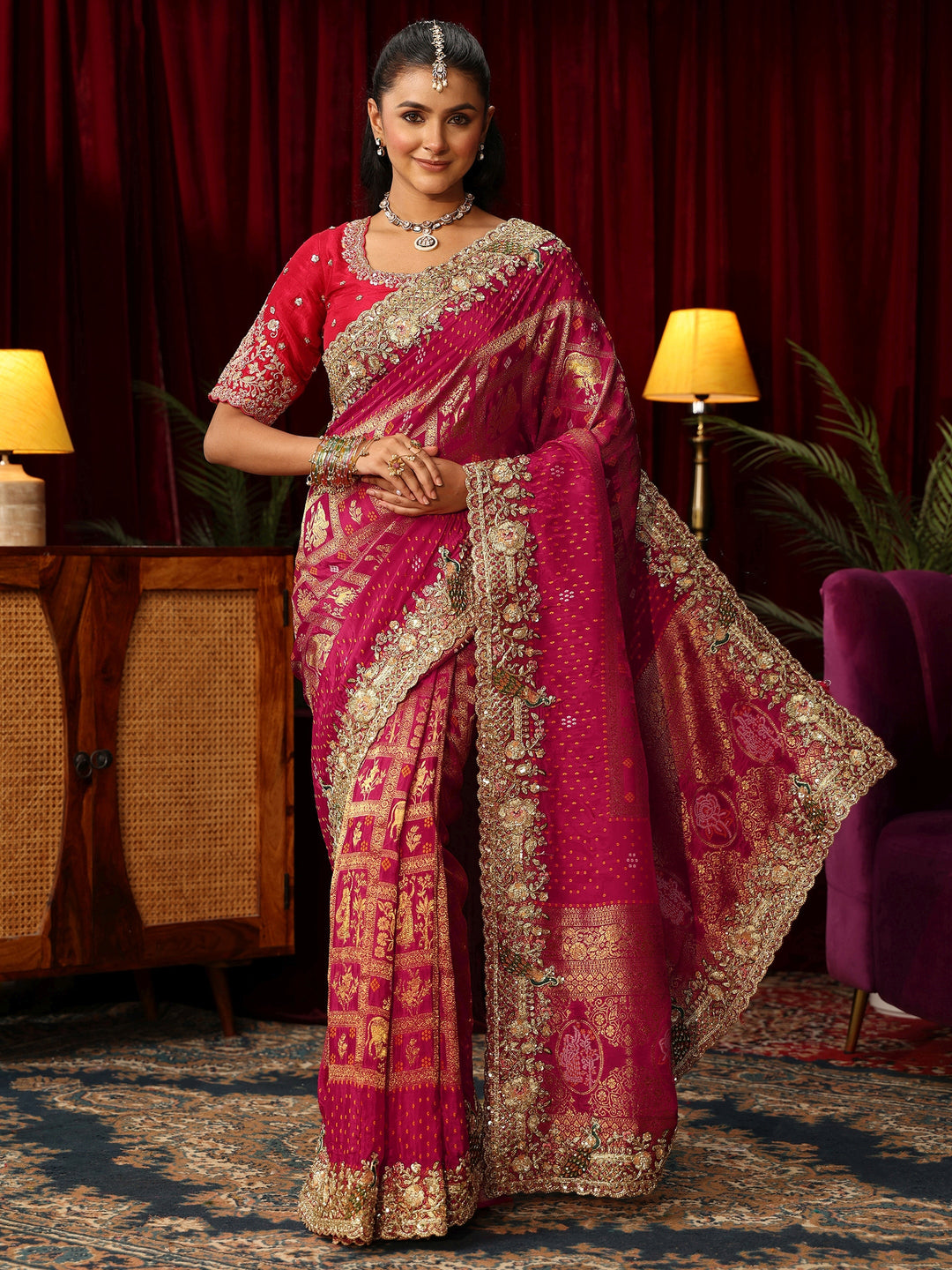 Libas Art Pink Gharchola Woven Design Silk Blend Saree with Embellished Border