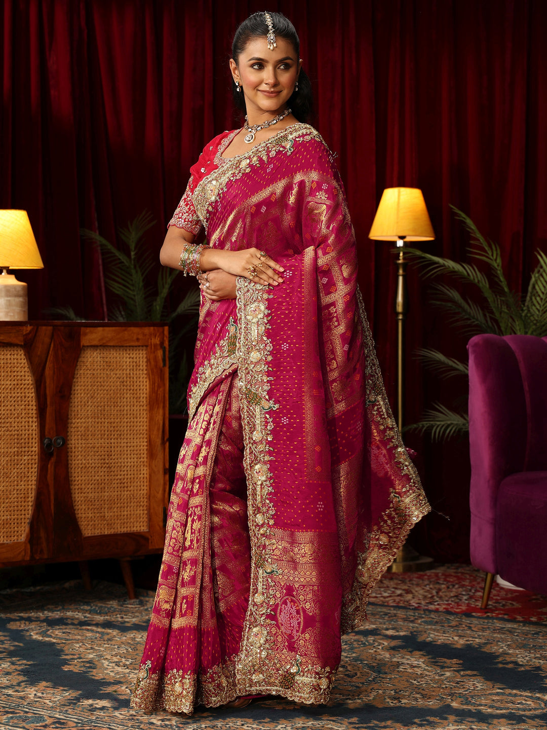 Libas Art Pink Gharchola Woven Design Silk Blend Saree with Embellished Border