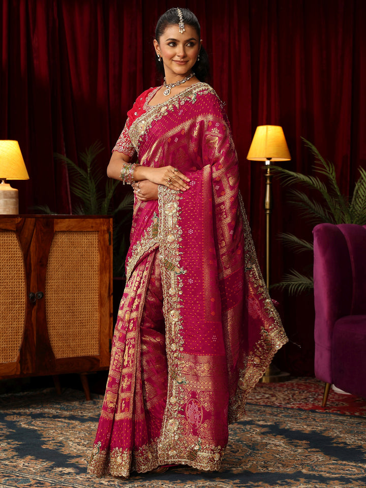 Libas Art Pink Gharchola Woven Design Silk Blend Saree with Embellished Border