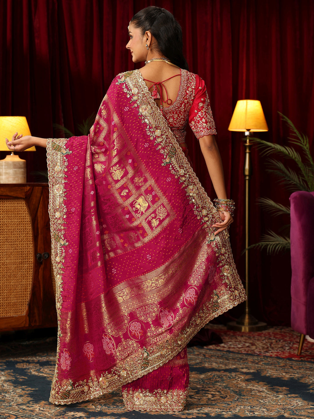 Libas Art Pink Gharchola Woven Design Silk Blend Saree with Embellished Border