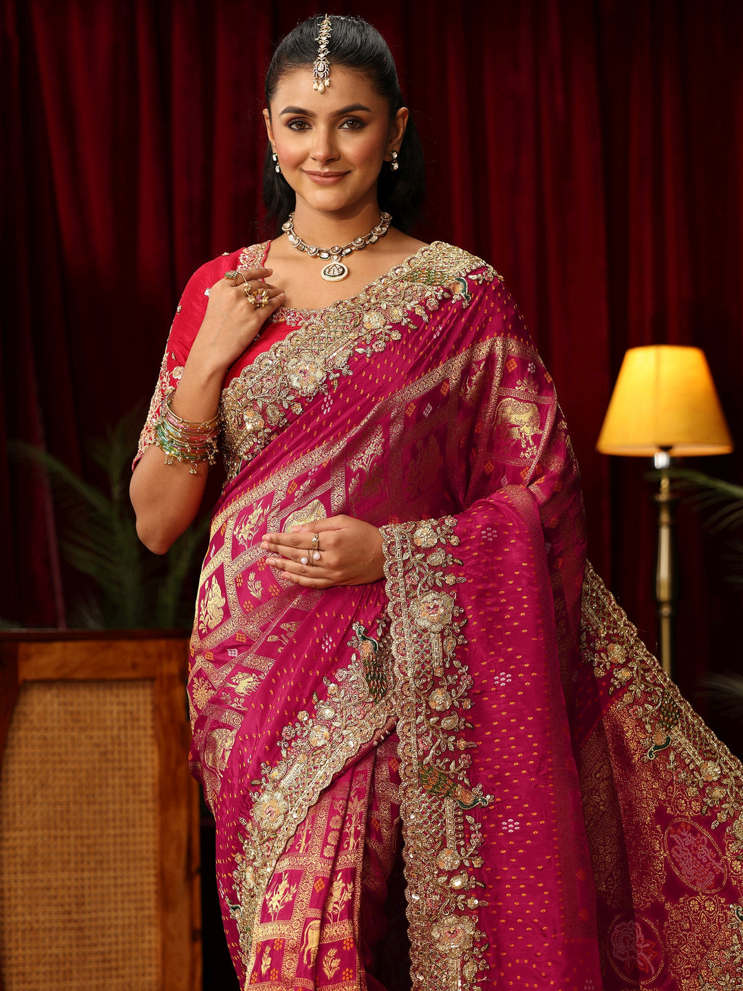 Libas Art Pink Gharchola Woven Design Silk Blend Saree with Embellished Border