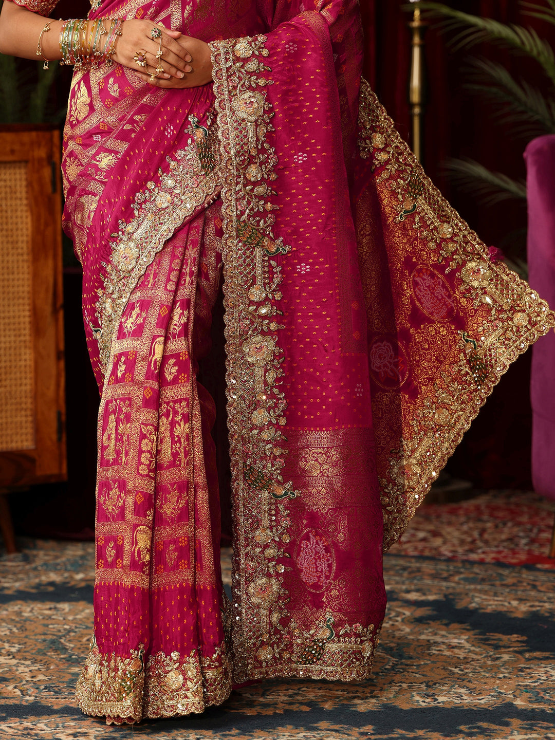Libas Art Pink Gharchola Woven Design Silk Blend Saree with Embellished Border