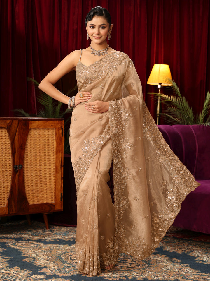 Libas Art Golden Floral Sequin Embellished Tissue Saree