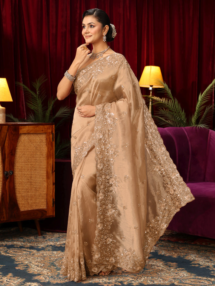 Libas Art Golden Floral Sequin Embellished Tissue Saree