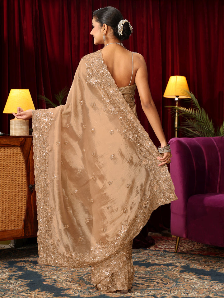 Libas Art Golden Floral Sequin Embellished Tissue Saree