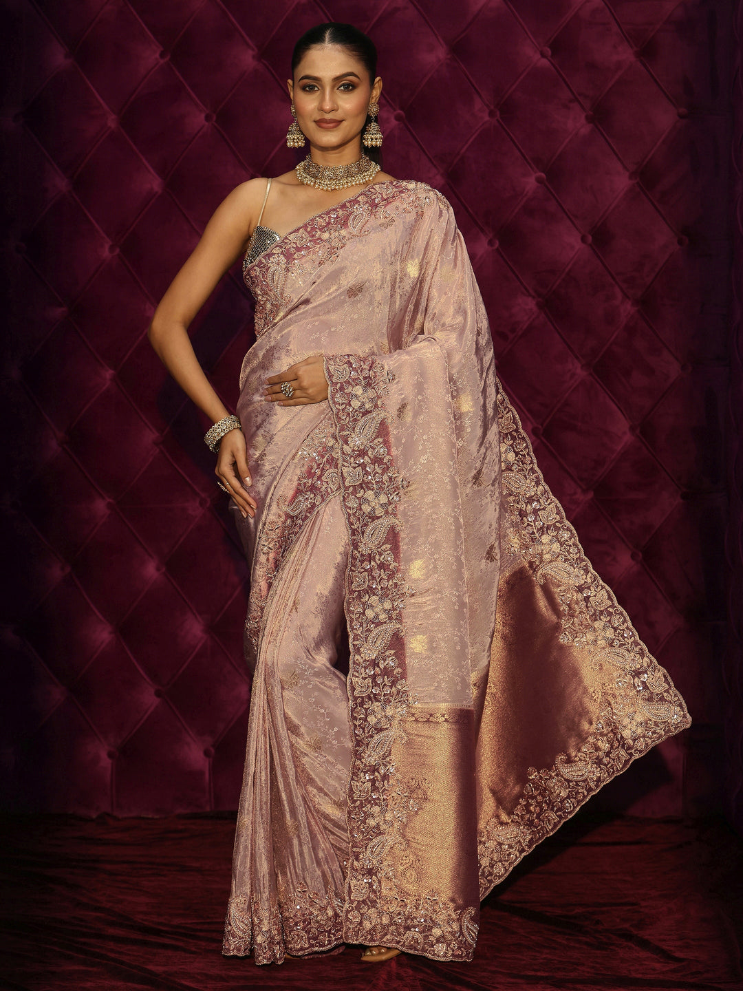 Libas Art Vintage Pink Embellished Border Silk Blend Saree