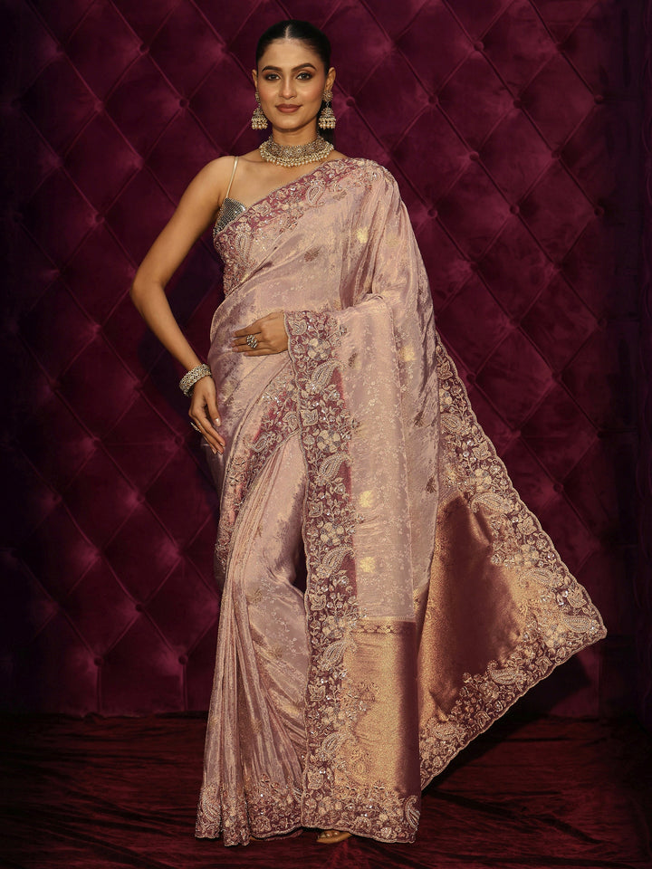 Libas Art Vintage Pink Embellished Border Silk Blend Saree