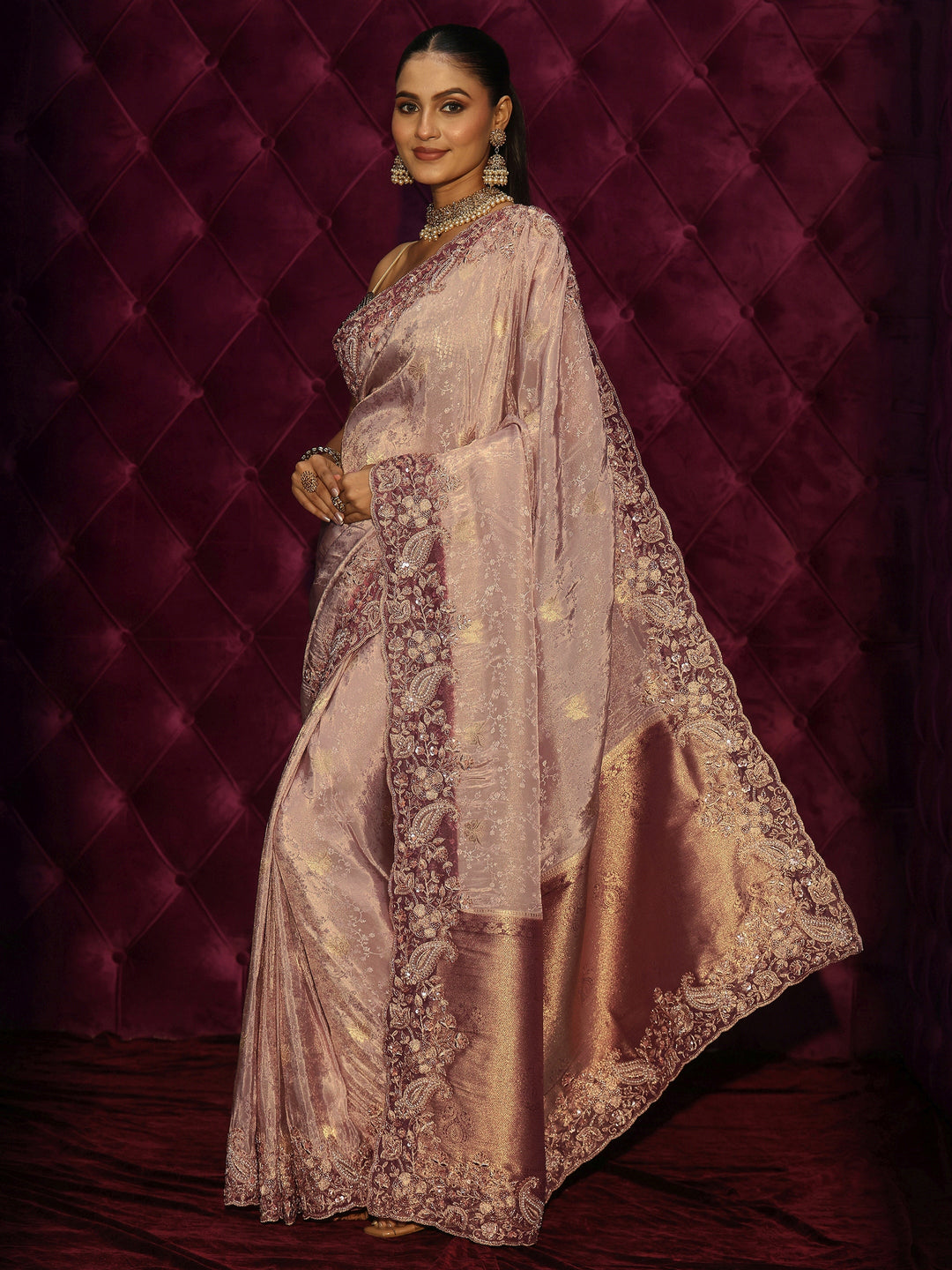 Libas Art Vintage Pink Embellished Border Silk Blend Saree