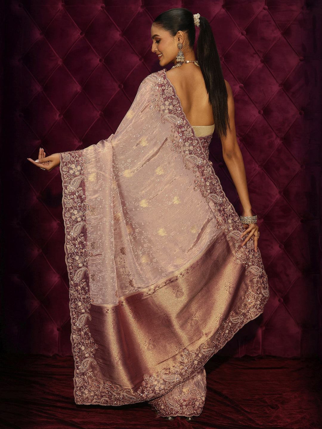 Libas Art Vintage Pink Embellished Border Silk Blend Saree