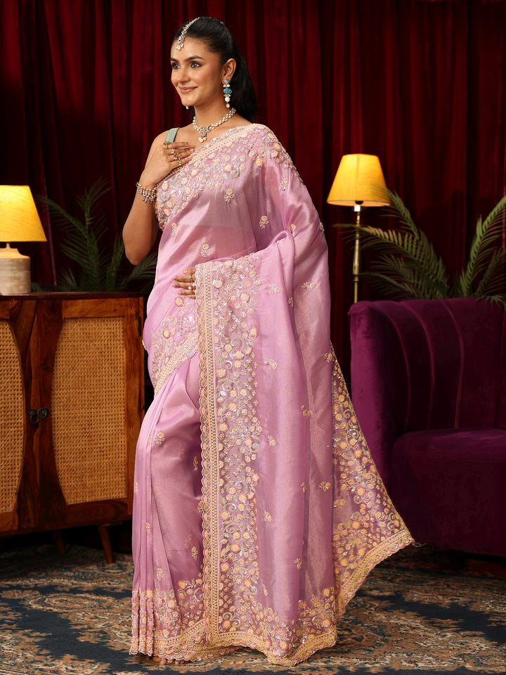 Libas Art Lavender Floral Bead and Sequin Embellished Tissue Saree