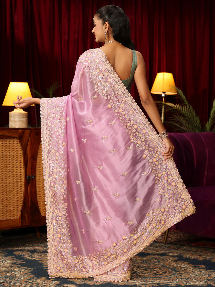 Libas Art Lavender Floral Bead and Sequin Embellished Tissue Saree