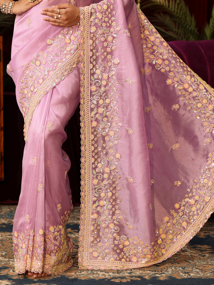 Libas Art Lavender Floral Bead and Sequin Embellished Tissue Saree