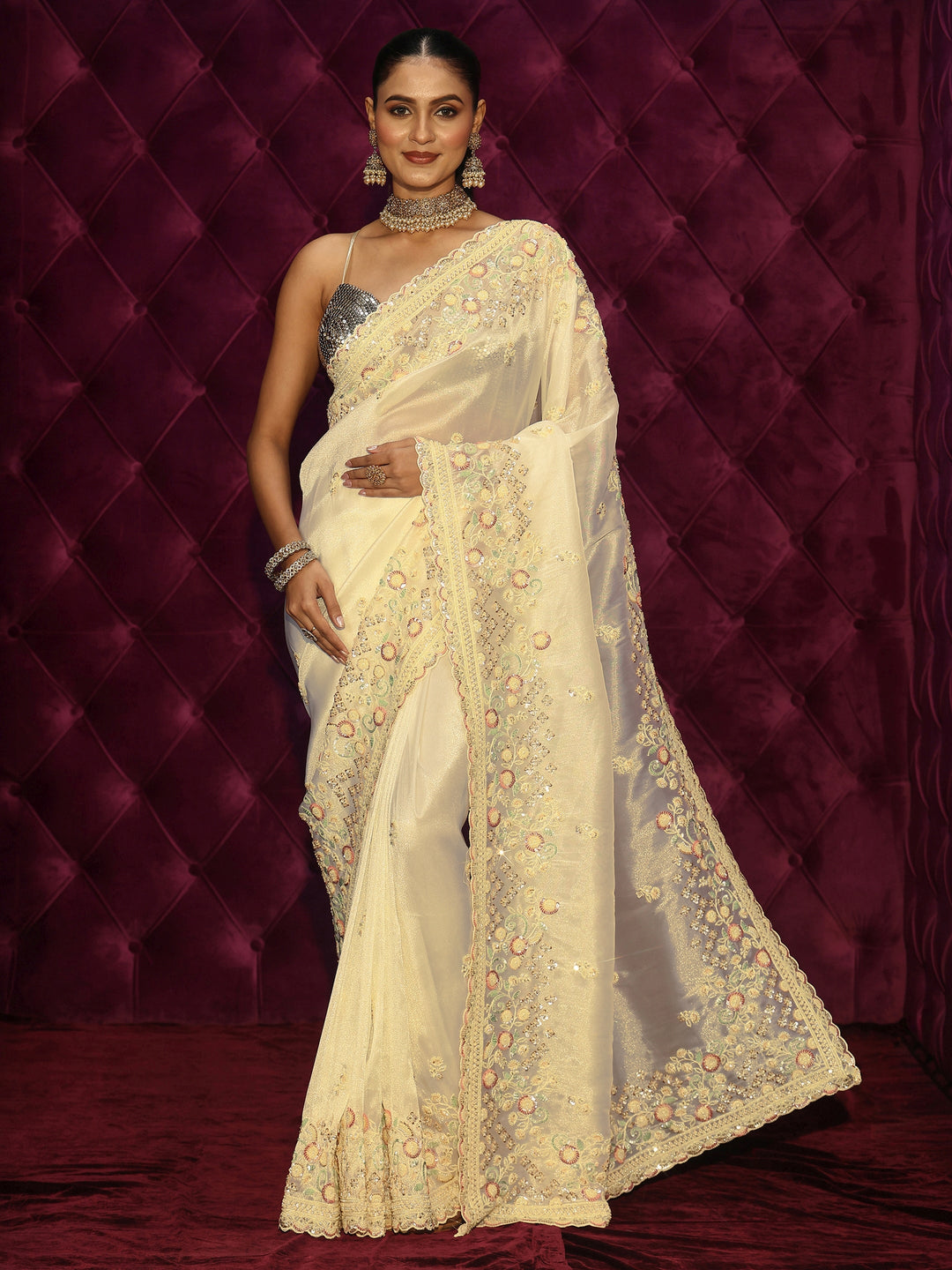 Libas Art Cream Floral Sequin Embellished Tissue Saree