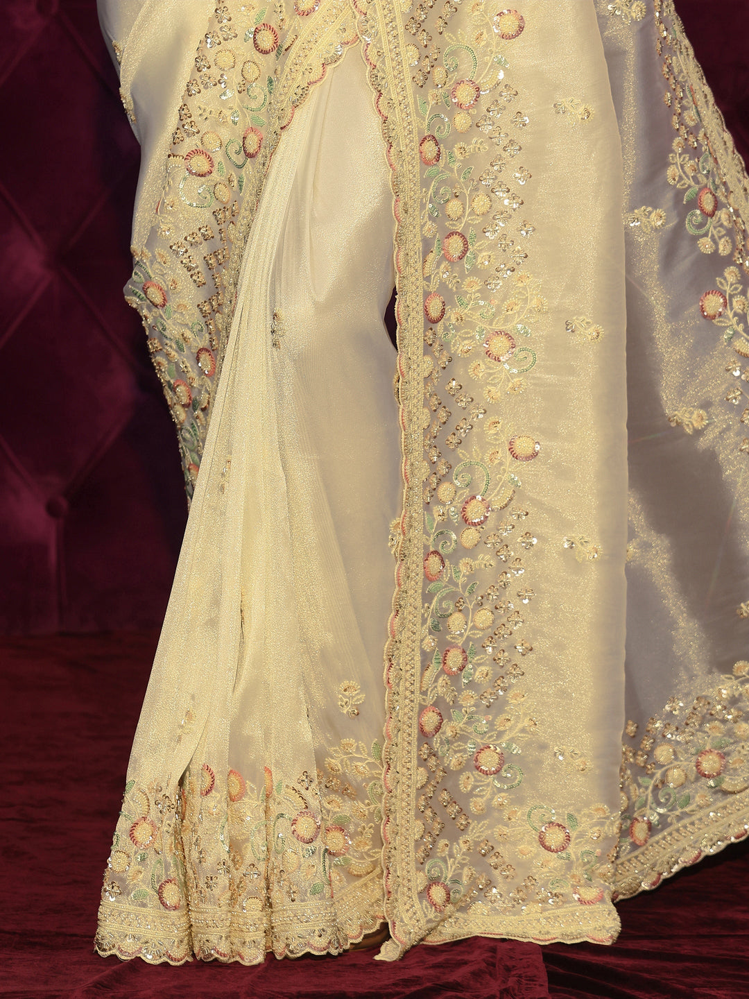 Libas Art Cream Floral Sequin Embellished Tissue Saree