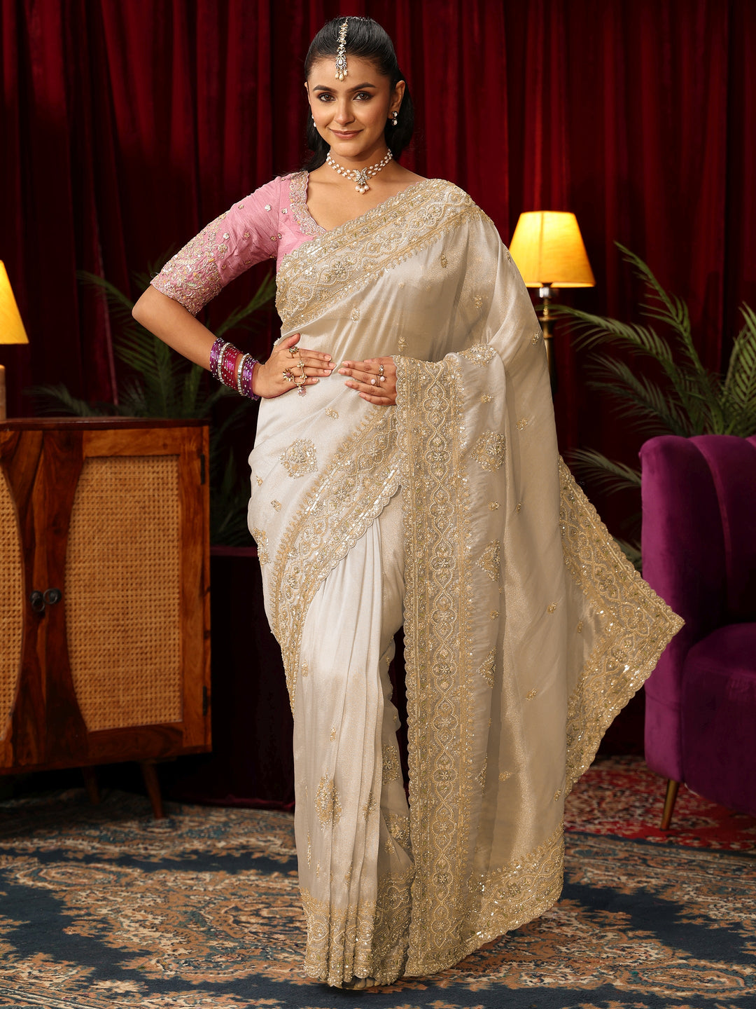 Libas Art Cream Floral Bead and Sequin Embellished Tissue Saree