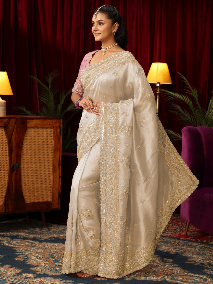 Libas Art Cream Floral Bead and Sequin Embellished Tissue Saree