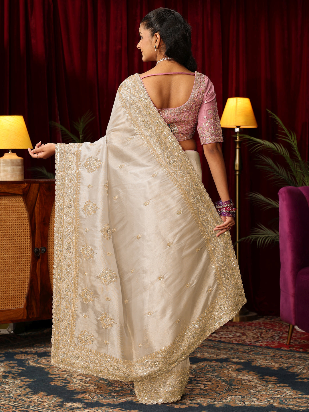Libas Art Cream Floral Bead and Sequin Embellished Tissue Saree