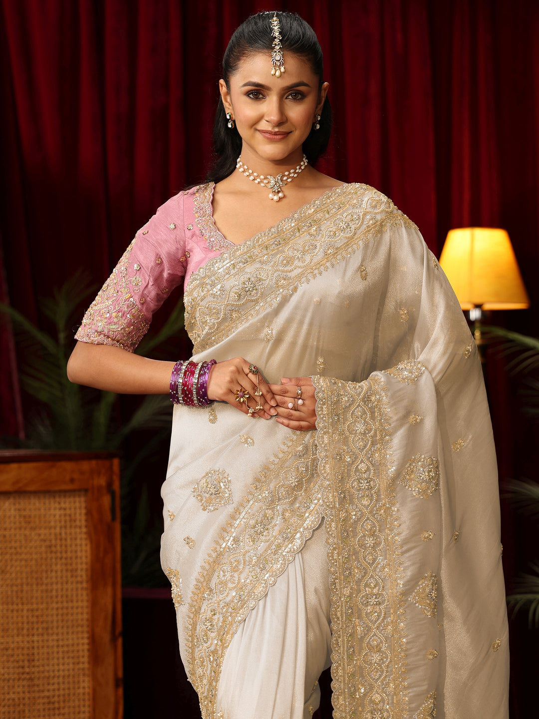 Libas Art Cream Floral Bead and Sequin Embellished Tissue Saree