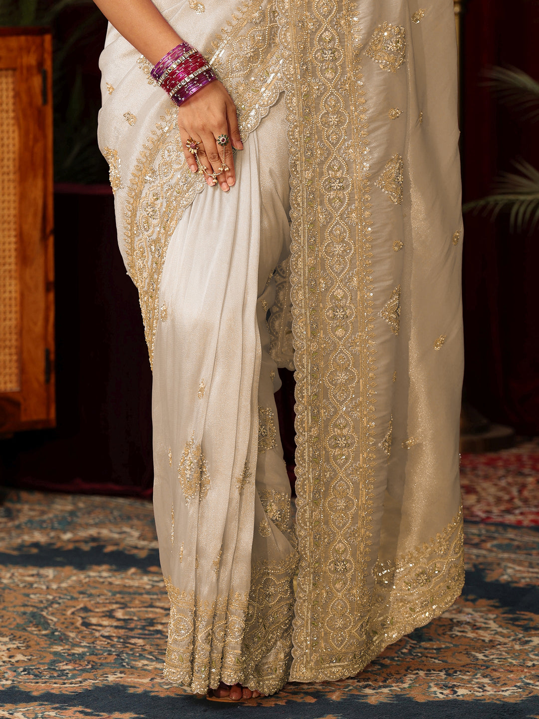 Libas Art Cream Floral Bead and Sequin Embellished Tissue Saree
