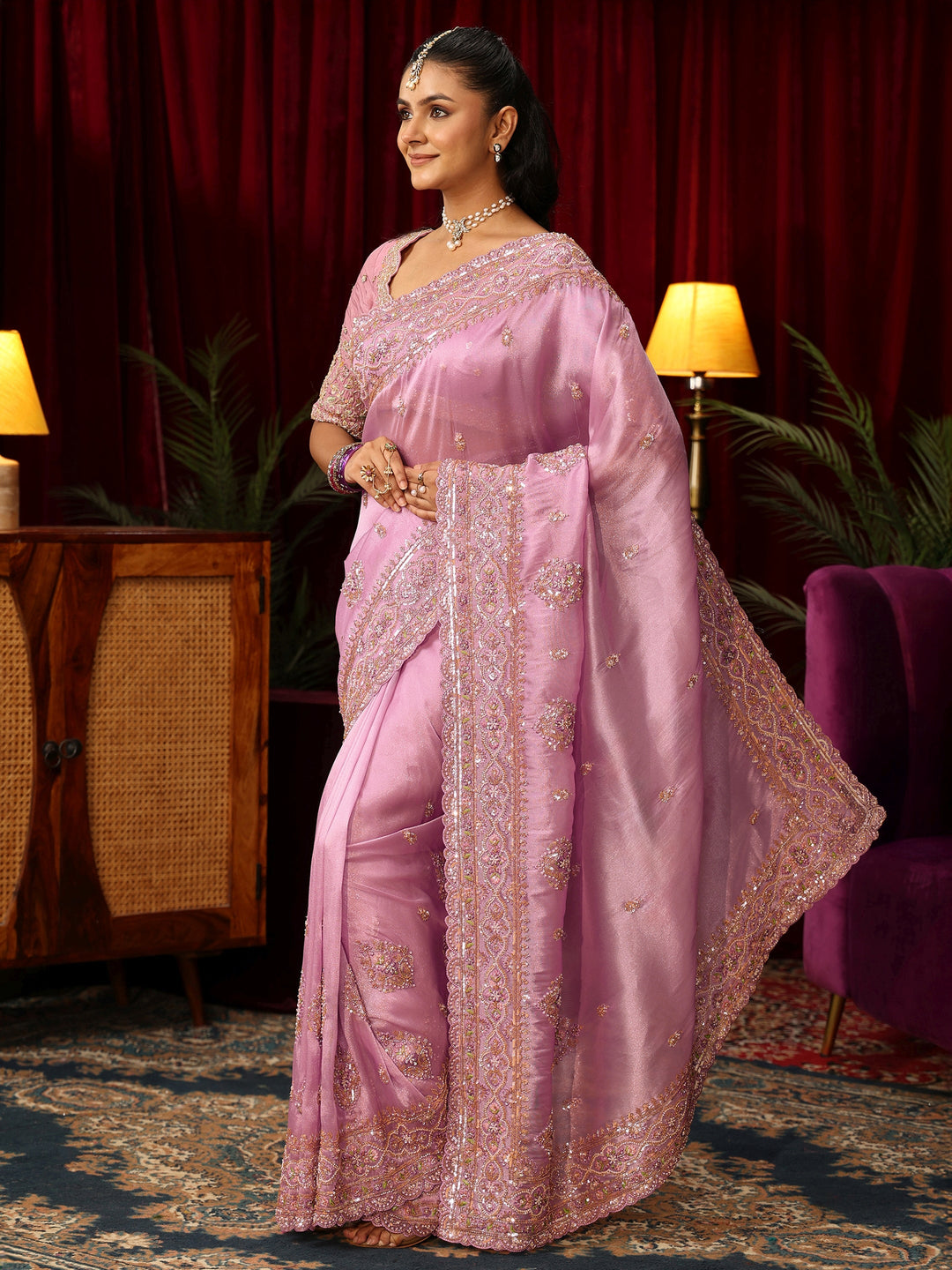 Libas Art Lavender Floral Bead and Sequin Embellished Tissue Saree