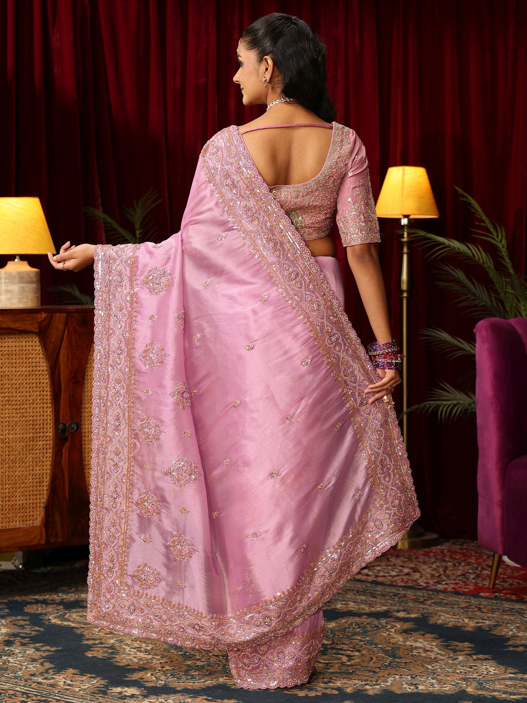 Libas Art Lavender Floral Bead and Sequin Embellished Tissue Saree