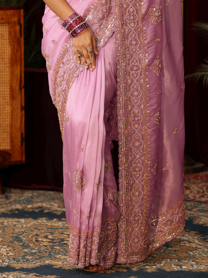 Libas Art Lavender Floral Bead and Sequin Embellished Tissue Saree