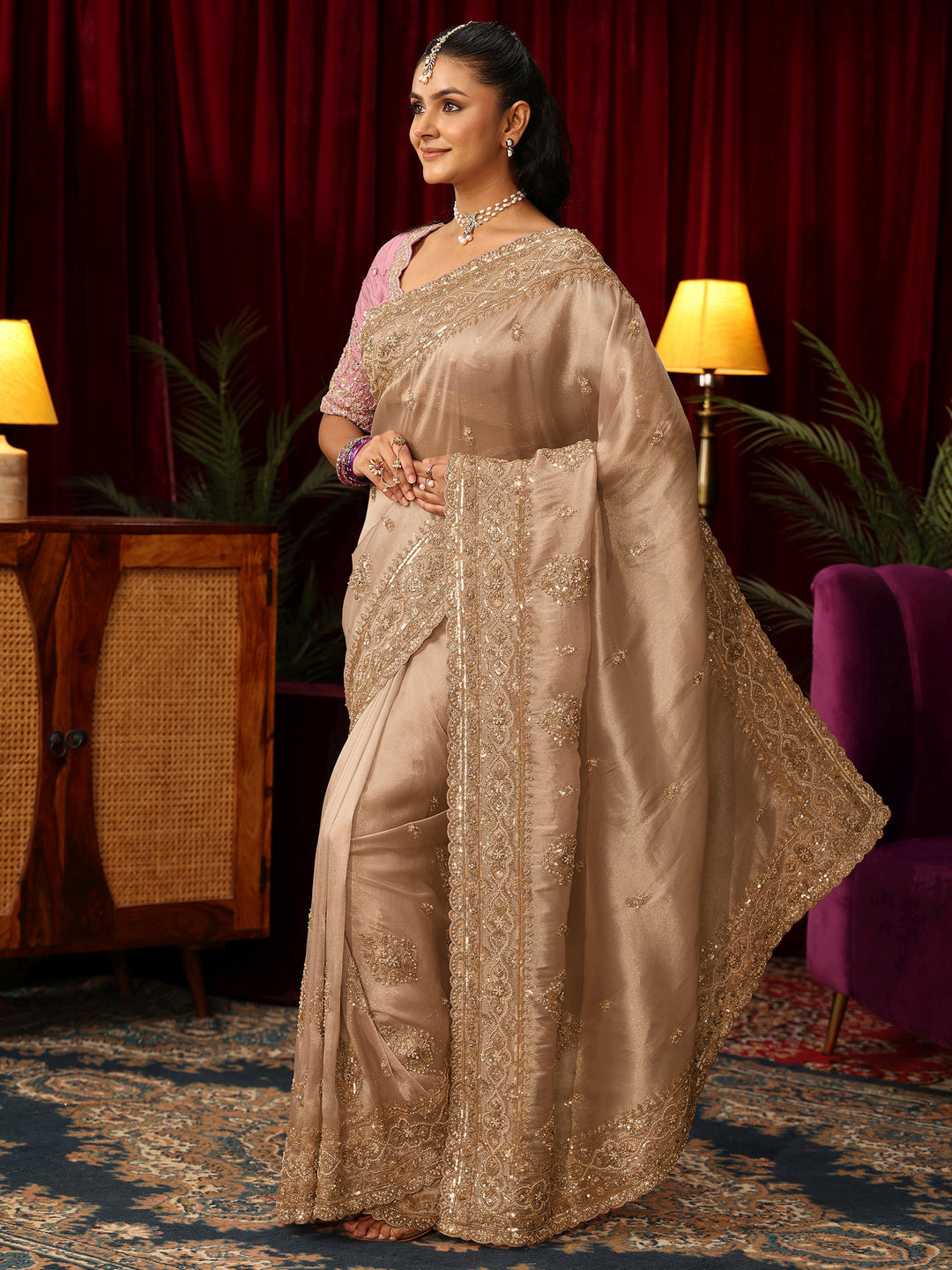 Libas Art Golden Floral Bead and Sequin Embellished Tissue Saree