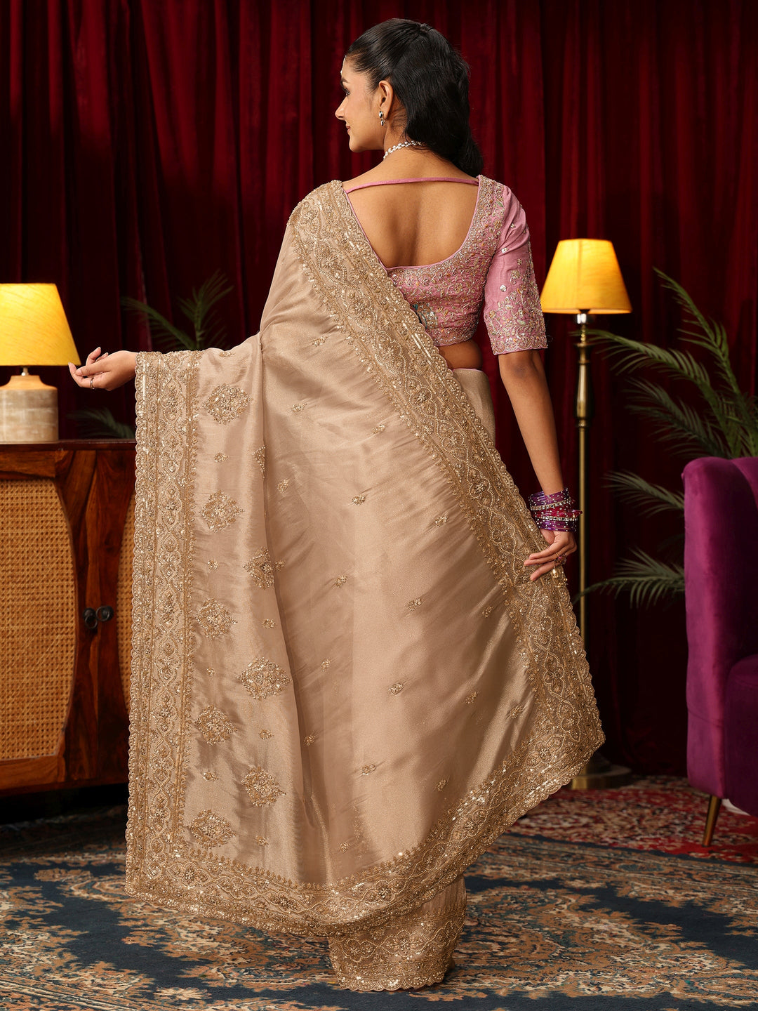 Libas Art Golden Floral Bead and Sequin Embellished Tissue Saree